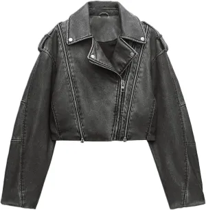 LY VAREY LIN Women Faux Leather Cropped Jacket Lapel Zipper Biker Short Coat with Belt