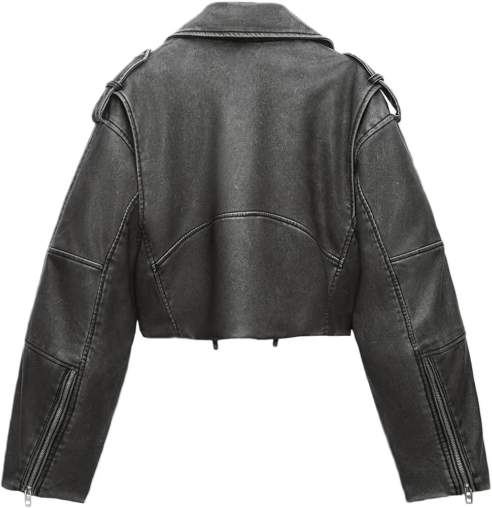 LY VAREY LIN Women Faux Leather Cropped Jacket Lapel Zipper Biker Short Coat with Belt
