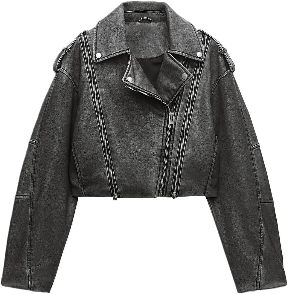 LY VAREY LIN Women Faux Leather Cropped Jacket Lapel Zipper Biker Short Coat with Belt