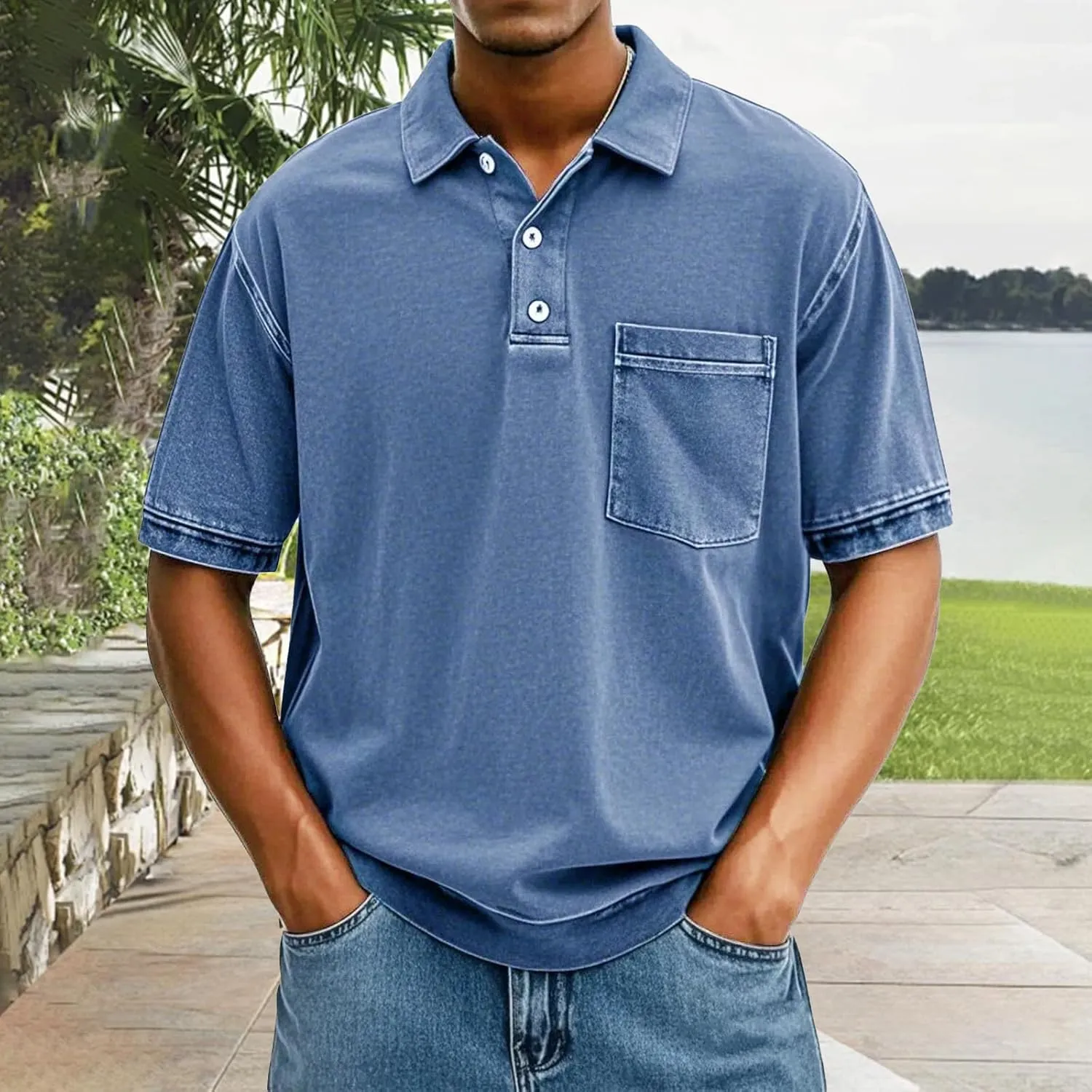 Men's Casual Polo Shirts Short Sleeve Distressed Washed Classic Collared T Shirt Golf Stylish Summer Tee with Pocket
