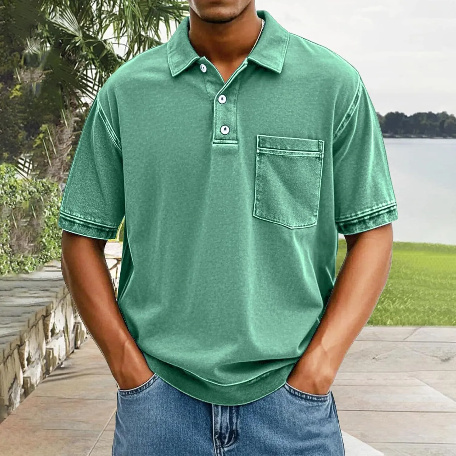 Men's Casual Polo Shirts Short Sleeve Distressed Washed Classic Collared T Shirt Golf Stylish Summer Tee with Pocket