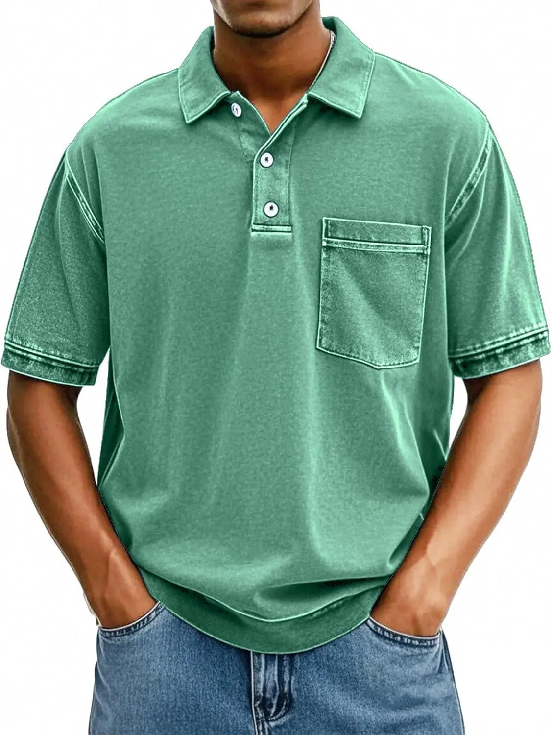 Men's Casual Polo Shirts Short Sleeve Distressed Washed Classic Collared T Shirt Golf Stylish Summer Tee with Pocket