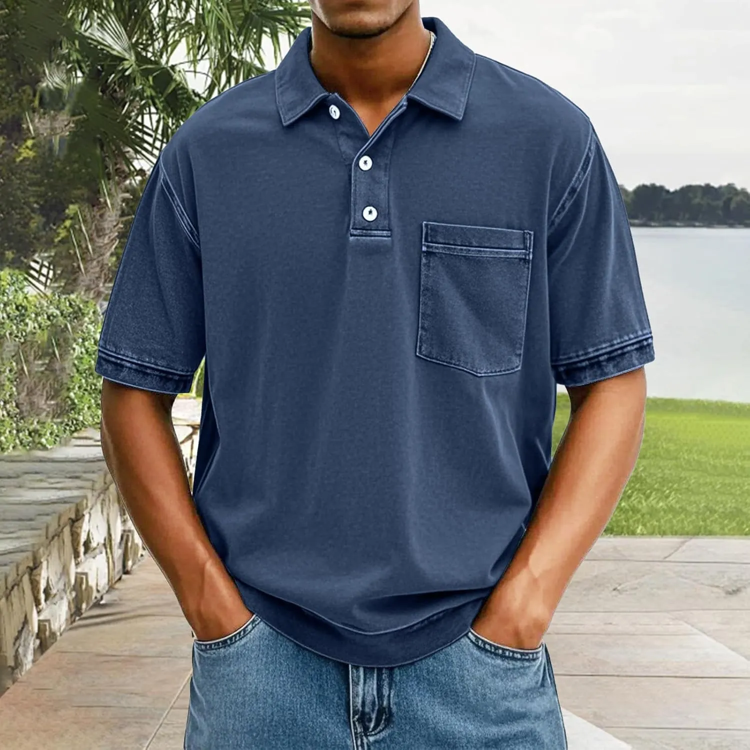 Men's Casual Polo Shirts Short Sleeve Distressed Washed Classic Collared T Shirt Golf Stylish Summer Tee with Pocket