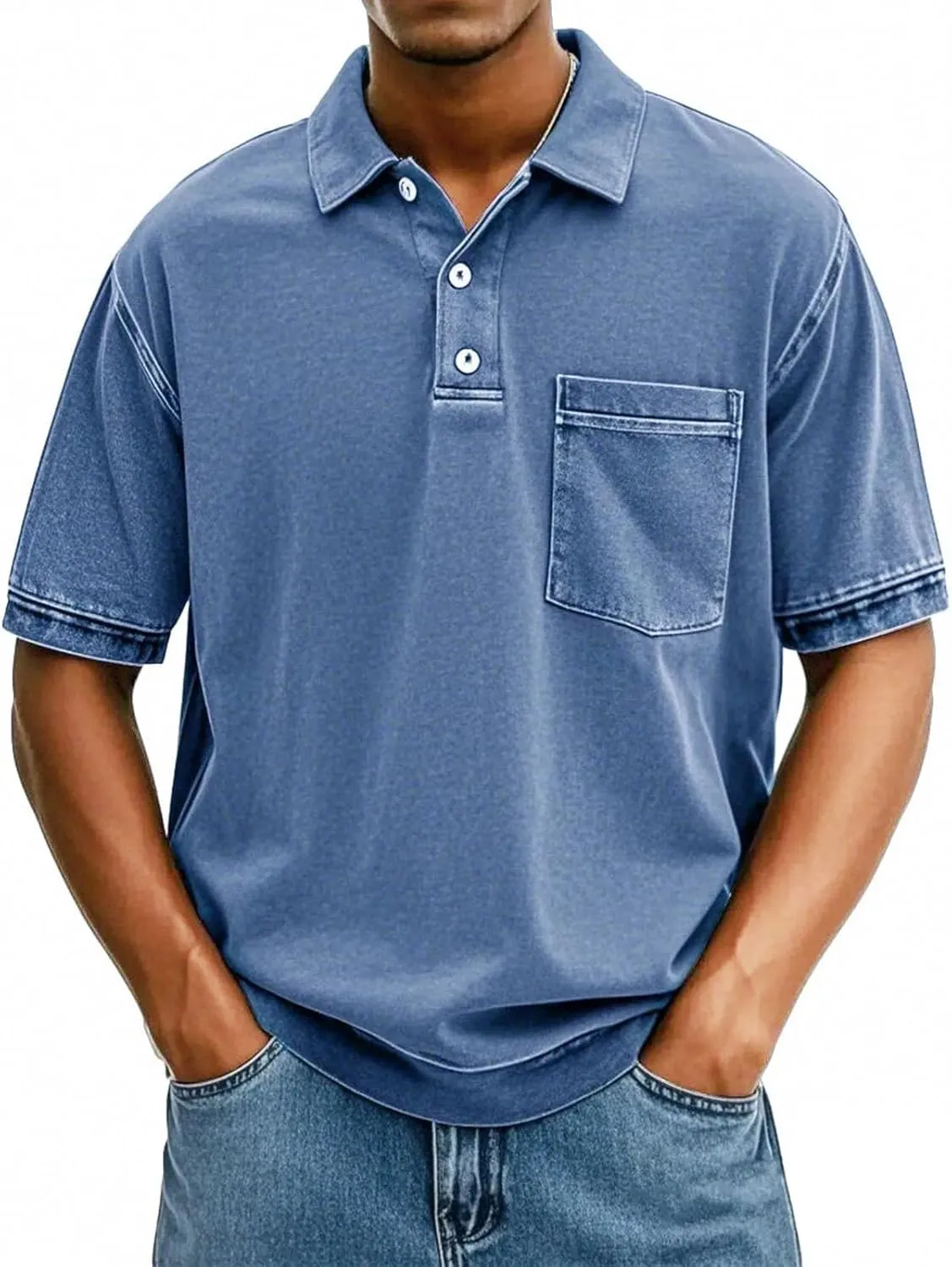 Men's Casual Polo Shirts Short Sleeve Distressed Washed Classic Collared T Shirt Golf Stylish Summer Tee with Pocket