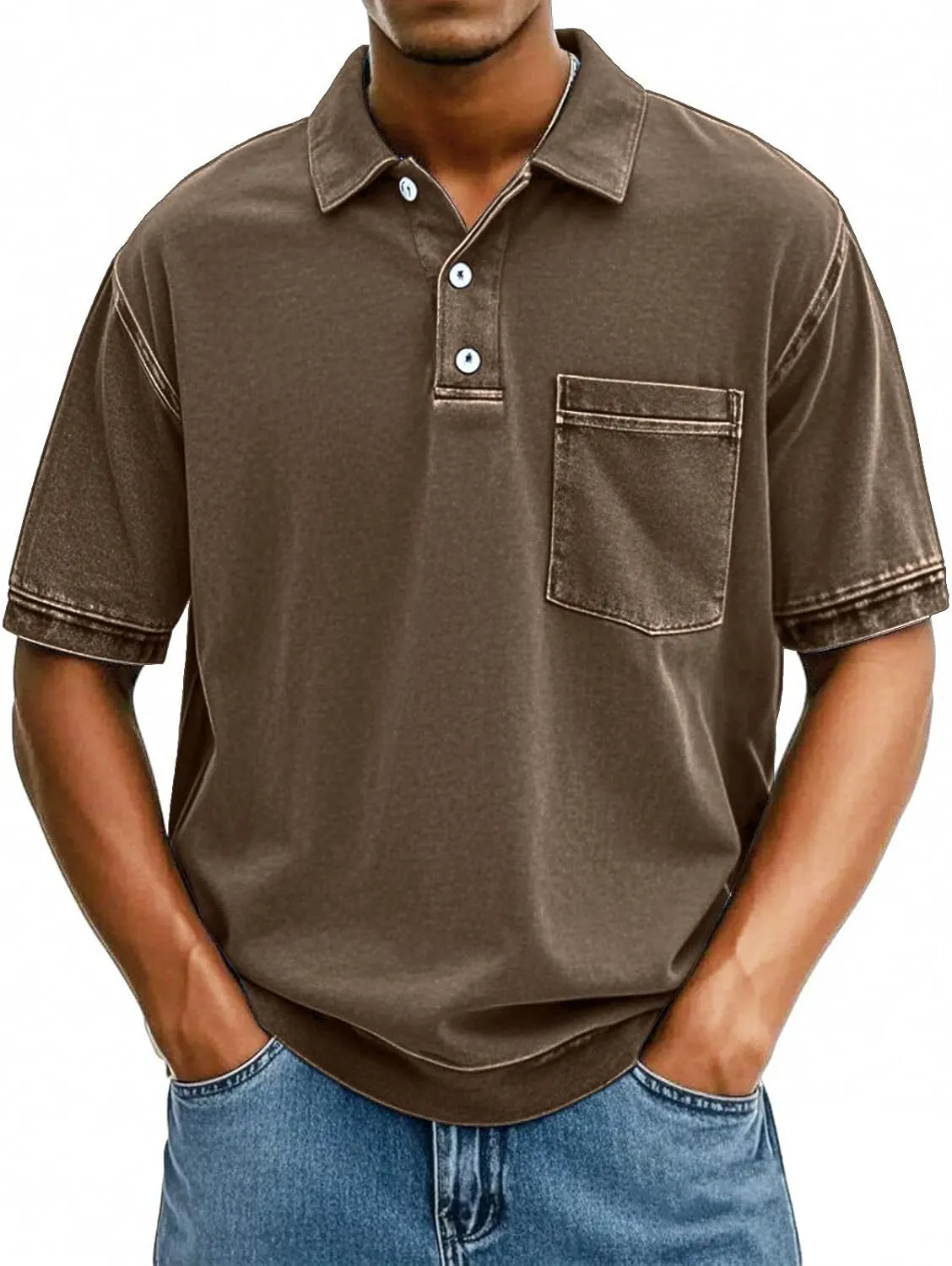 Men's Casual Polo Shirts Short Sleeve Distressed Washed Classic Collared T Shirt Golf Stylish Summer Tee with Pocket