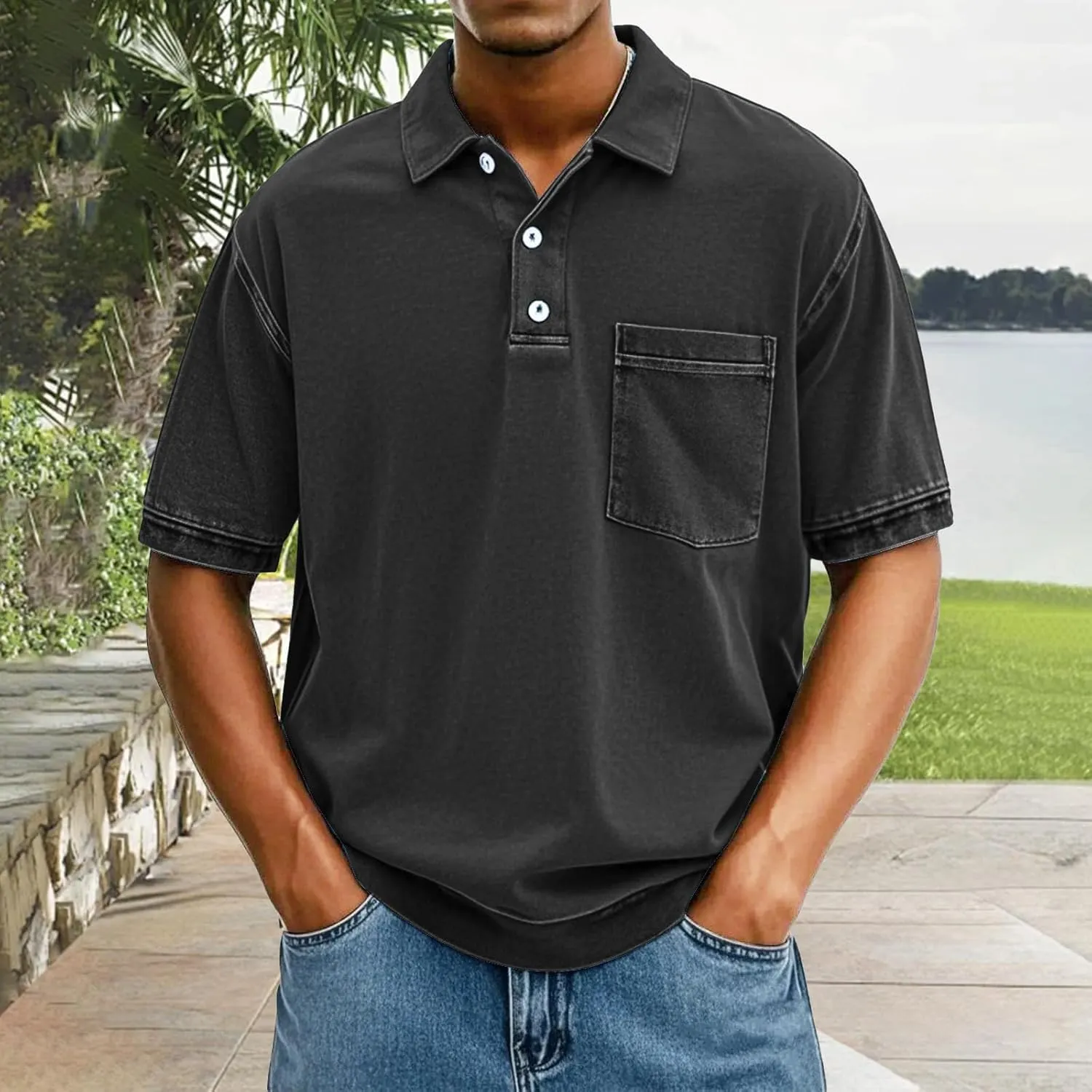 Men's Casual Polo Shirts Short Sleeve Distressed Washed Classic Collared T Shirt Golf Stylish Summer Tee with Pocket