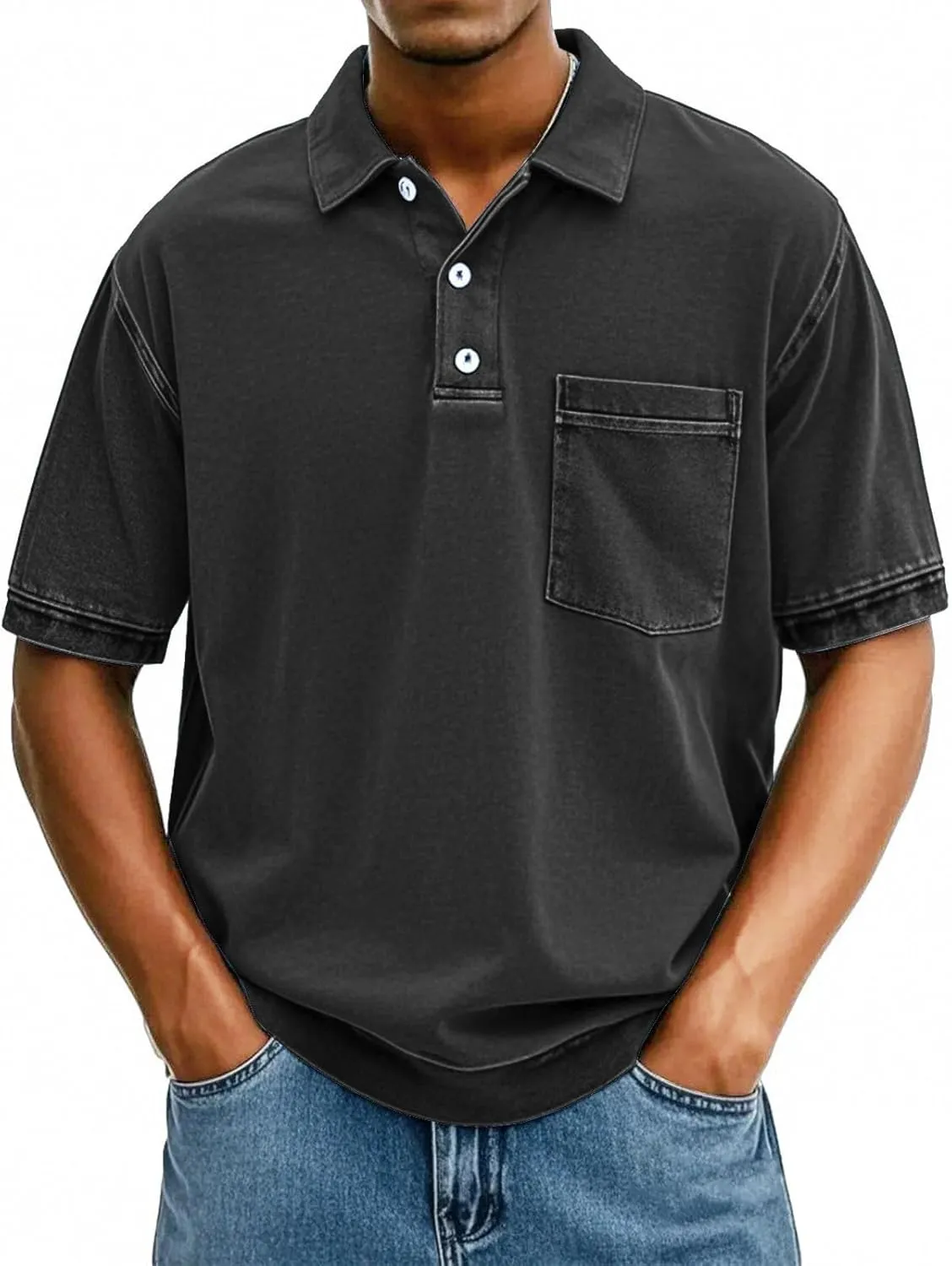 Men's Casual Polo Shirts Short Sleeve Distressed Washed Classic Collared T Shirt Golf Stylish Summer Tee with Pocket