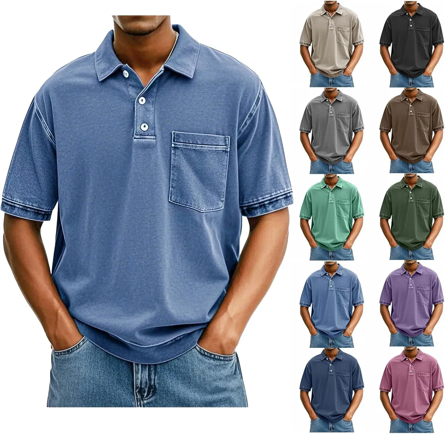Men's Casual Polo Shirts Short Sleeve Distressed Washed Classic Collared T Shirt Golf Stylish Summer Tee with Pocket