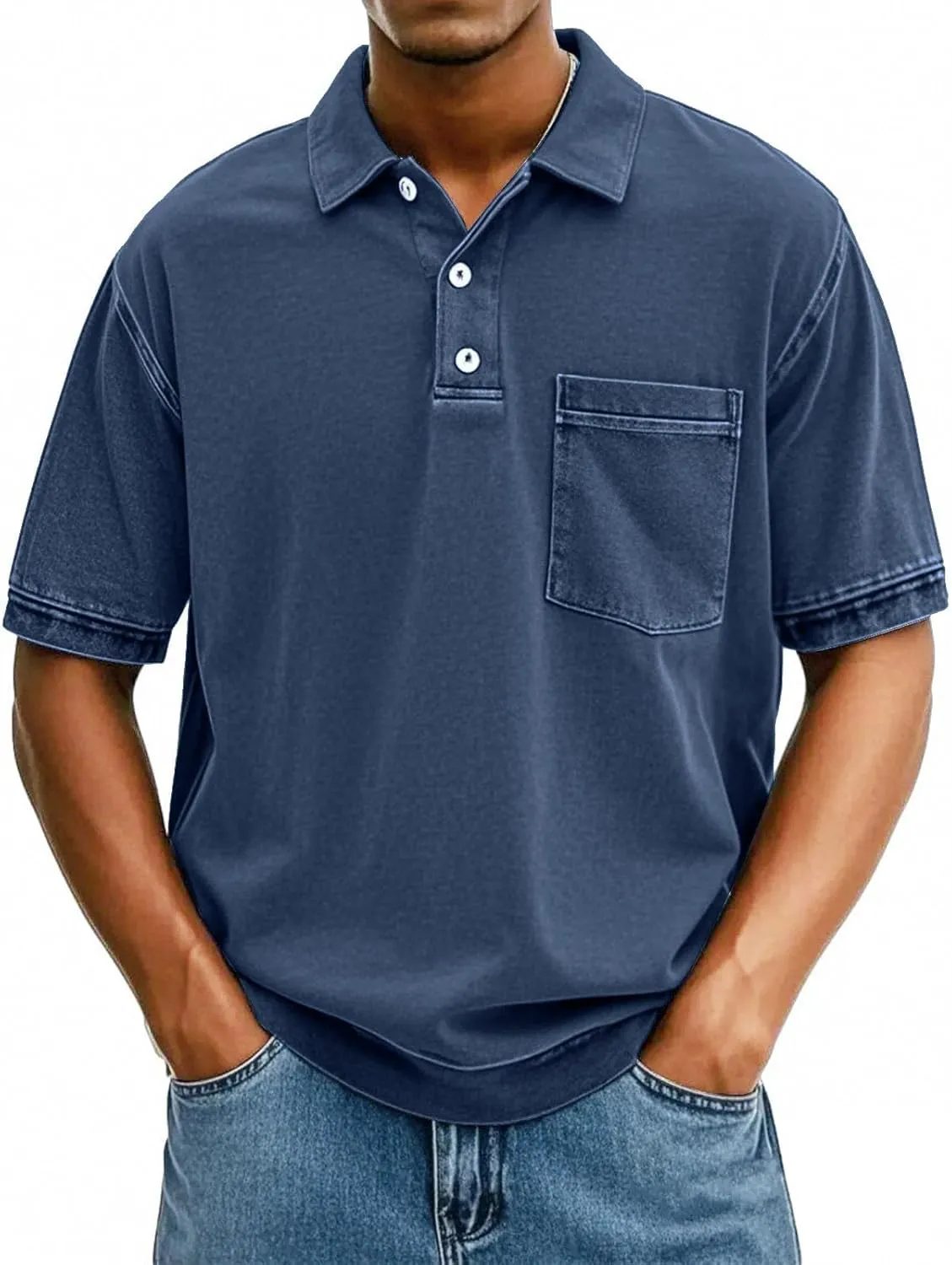 Men's Casual Polo Shirts Short Sleeve Distressed Washed Classic Collared T Shirt Golf Stylish Summer Tee with Pocket