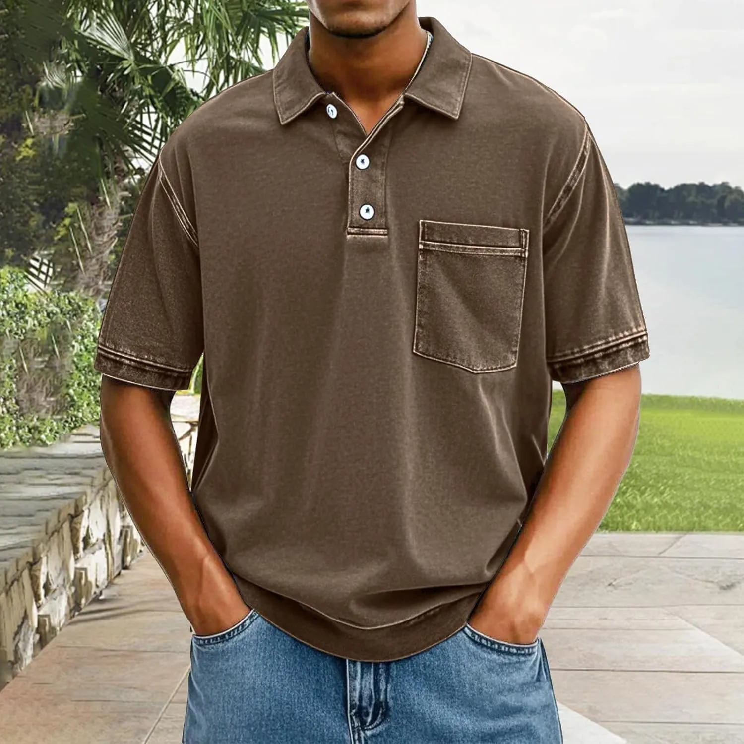 Men's Casual Polo Shirts Short Sleeve Distressed Washed Classic Collared T Shirt Golf Stylish Summer Tee with Pocket