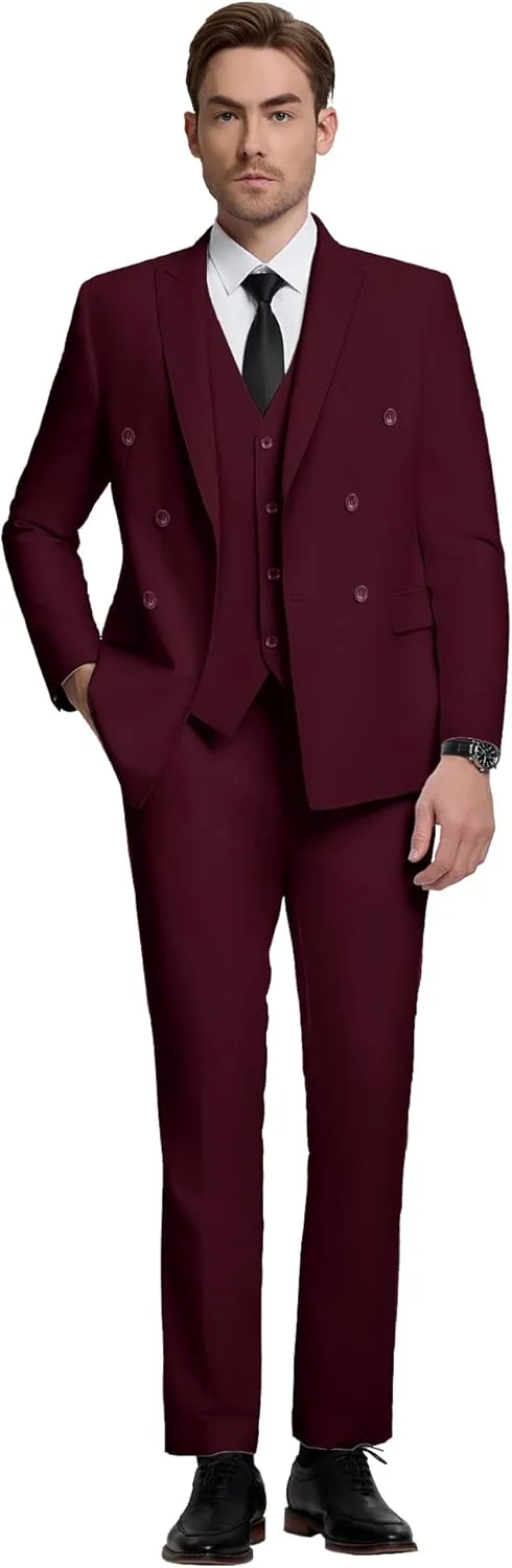 Mens Double Breasted Suit Slim Fit 3 Piece Suit Peak Lapel Solid Blazer Jacket Vest Pant Tuxedo Set for Wedding Business