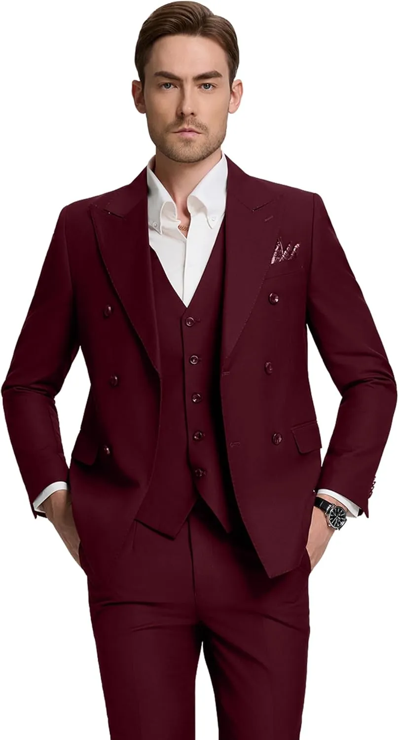 Mens Double Breasted Suit Slim Fit 3 Piece Suit Peak Lapel Solid Blazer Jacket Vest Pant Tuxedo Set for Wedding Business