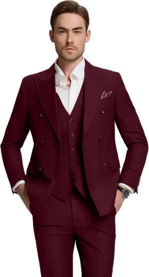 Mens Double Breasted Suit Slim Fit 3 Piece Suit Peak Lapel Solid Blazer Jacket Vest Pant Tuxedo Set for Wedding Business