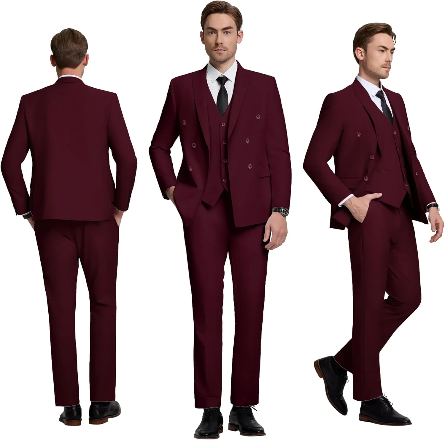 Mens Double Breasted Suit Slim Fit 3 Piece Suit Peak Lapel Solid Blazer Jacket Vest Pant Tuxedo Set for Wedding Business
