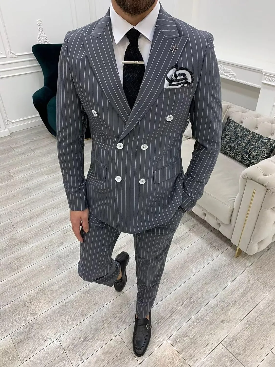 Men's Pinstripe Suit 2 Pieces Regular Fit Double-Breasted Blazer Pants for Wedding Suit Groom Prom Tuxedo Suit