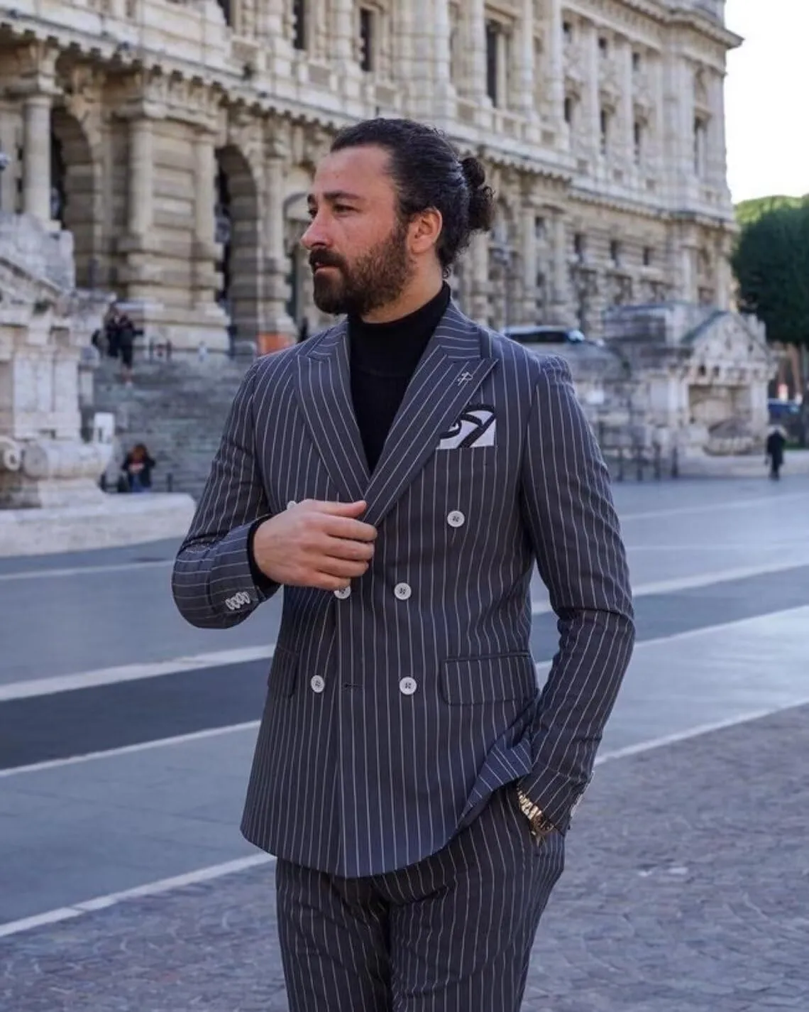 Men's Pinstripe Suit 2 Pieces Regular Fit Double-Breasted Blazer Pants for Wedding Suit Groom Prom Tuxedo Suit