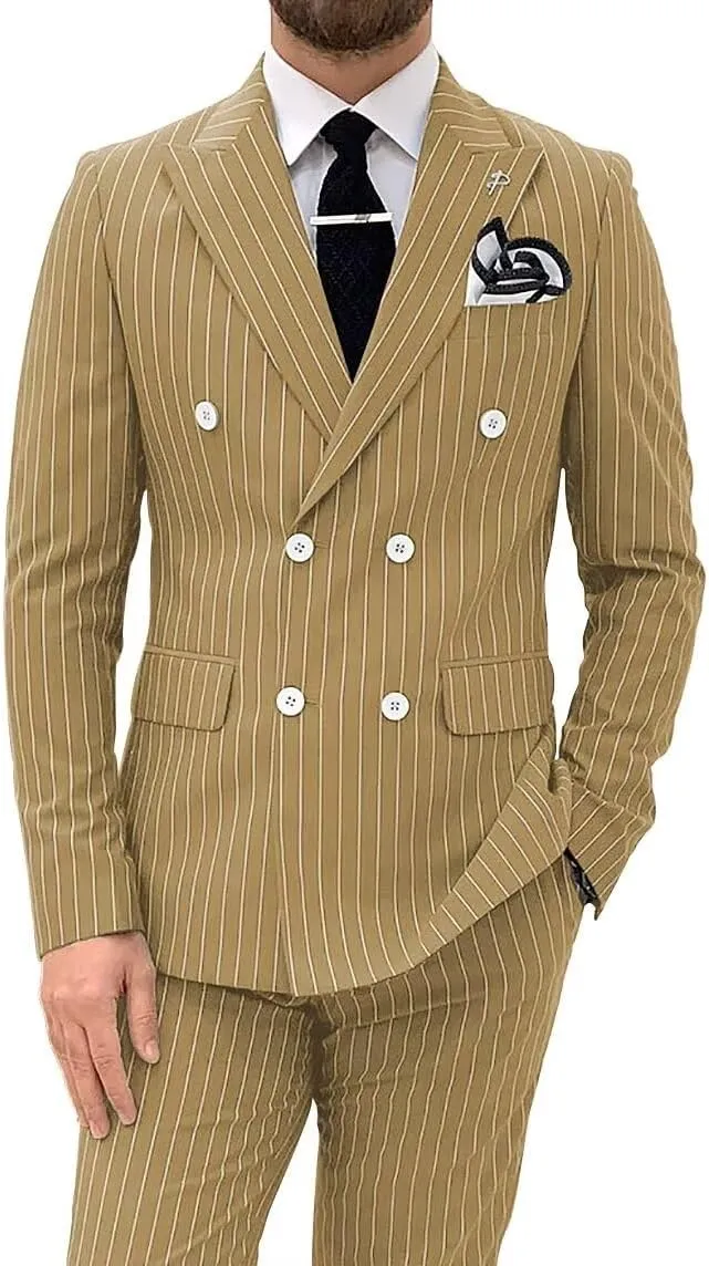 Men's Pinstripe Suit 2 Pieces Regular Fit Double-Breasted Blazer Pants for Wedding Suit Groom Prom Tuxedo Suit