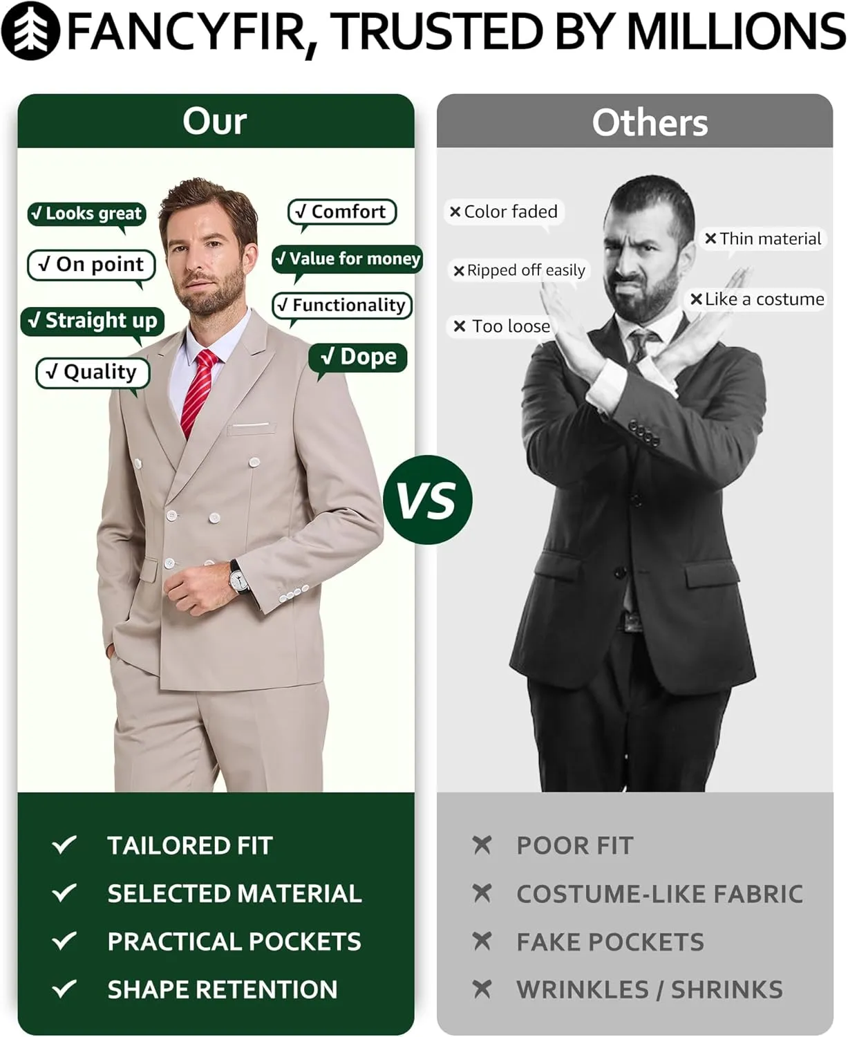 Men's Slim Fit 2-Piece Suit with Stretch Fabric, Double-Breasted Blazer Pants for Party, Business and Wedding