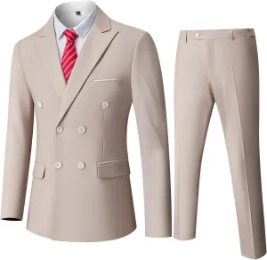 Men's Slim Fit 2-Piece Suit with Stretch Fabric, Double-Breasted Blazer Pants for Party, Business and Wedding