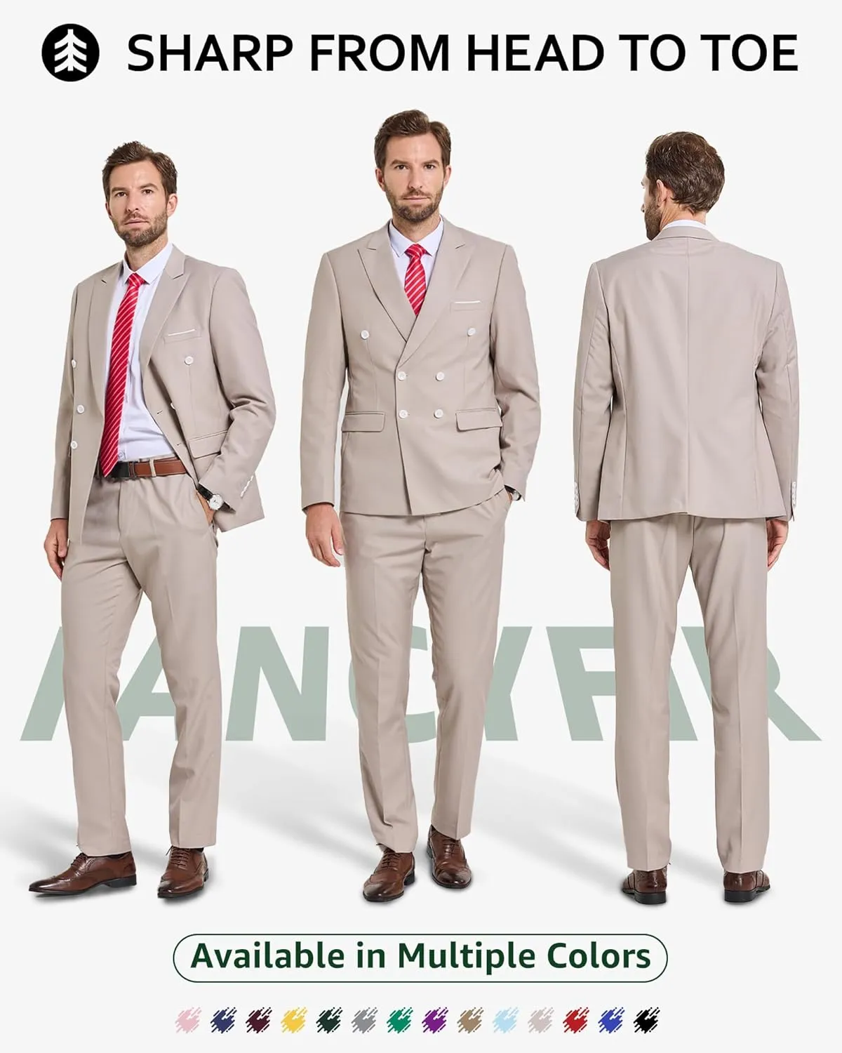 Men's Slim Fit 2-Piece Suit with Stretch Fabric, Double-Breasted Blazer Pants for Party, Business and Wedding