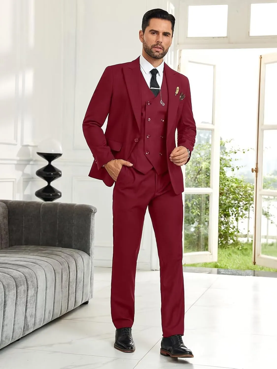 Mens Suit Slim Fit 3 Piece Double Breasted Suit Men Formal Tuxedo Set Casual Wedding Prom Groom Suits