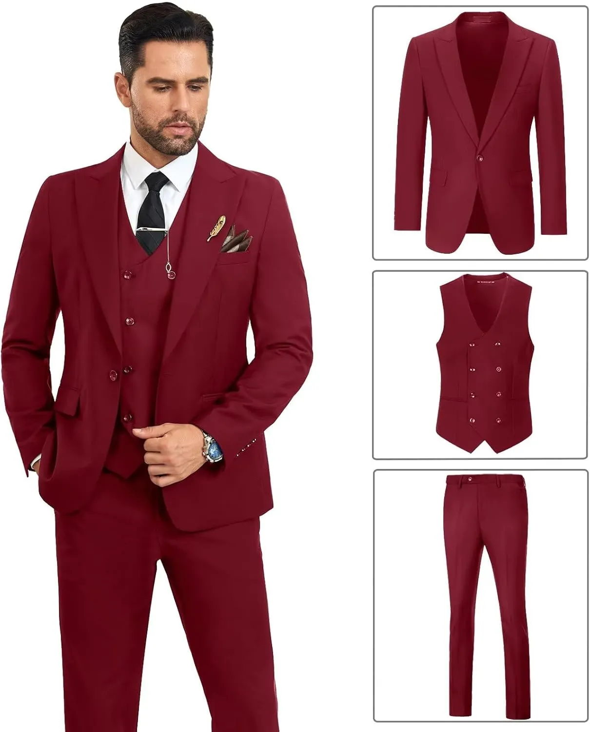 Mens Suit Slim Fit 3 Piece Double Breasted Suit Men Formal Tuxedo Set Casual Wedding Prom Groom Suits