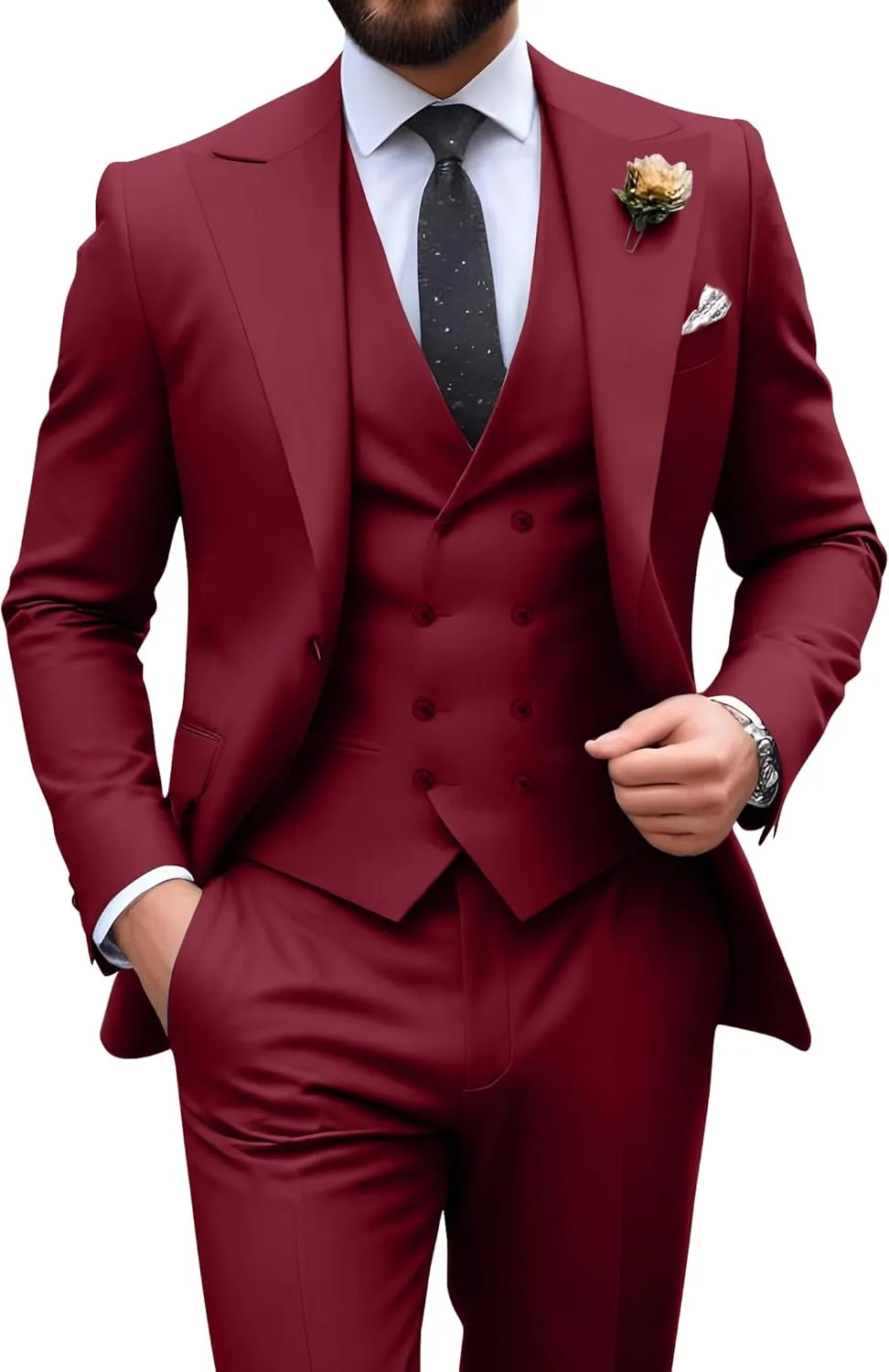 Mens Suit Slim Fit 3 Piece Double Breasted Suit Men Formal Tuxedo Set Casual Wedding Prom Groom Suits