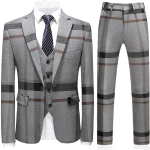Mens Suits 3 Piece Check Plaid Suit Single Breasted One Button Jackets Formal Dress Party Prom Tuxedo Suits Blazer Set
