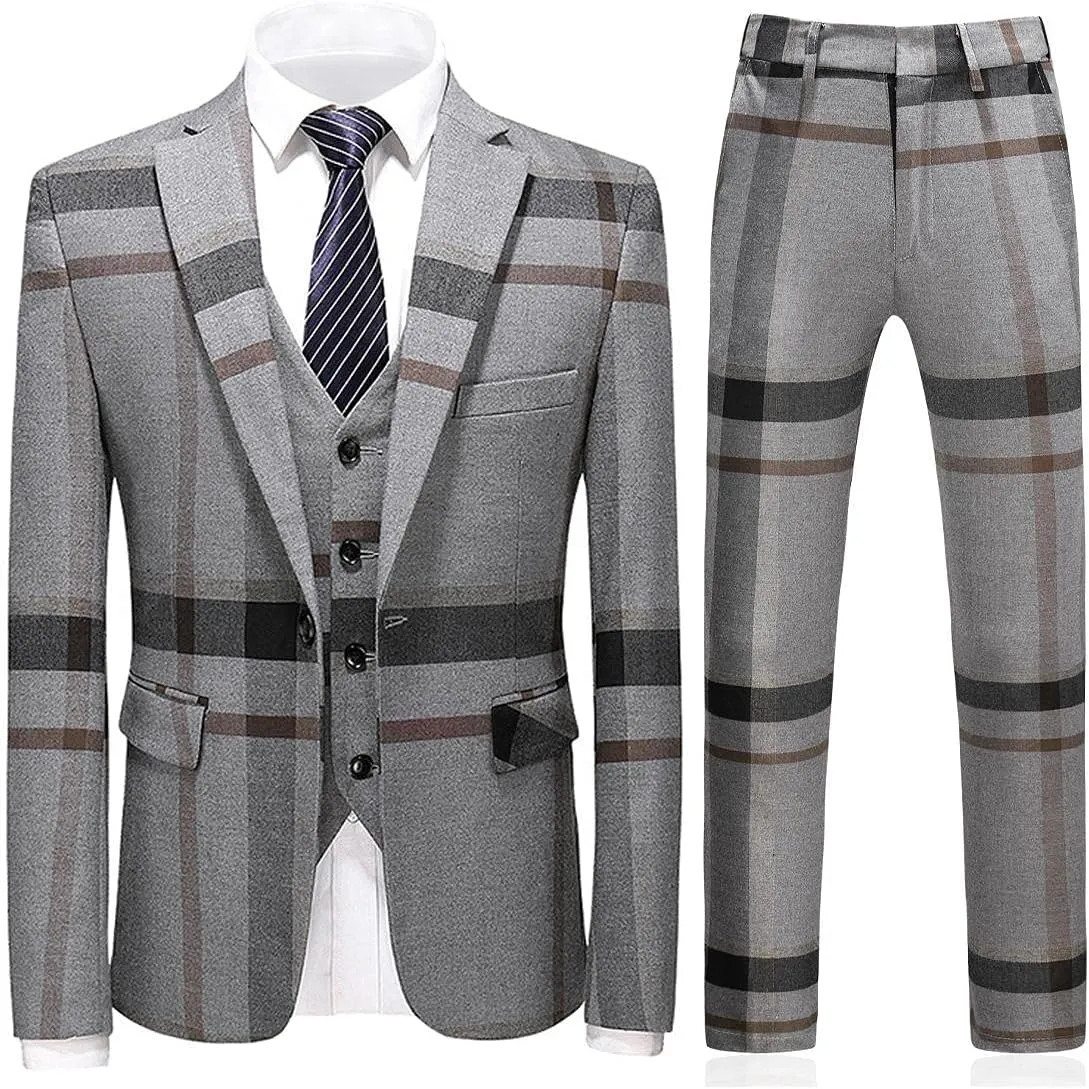 Mens Suits 3 Piece Check Plaid Suit Single Breasted One Button Jackets Formal Dress Party Prom Tuxedo Suits Blazer Set