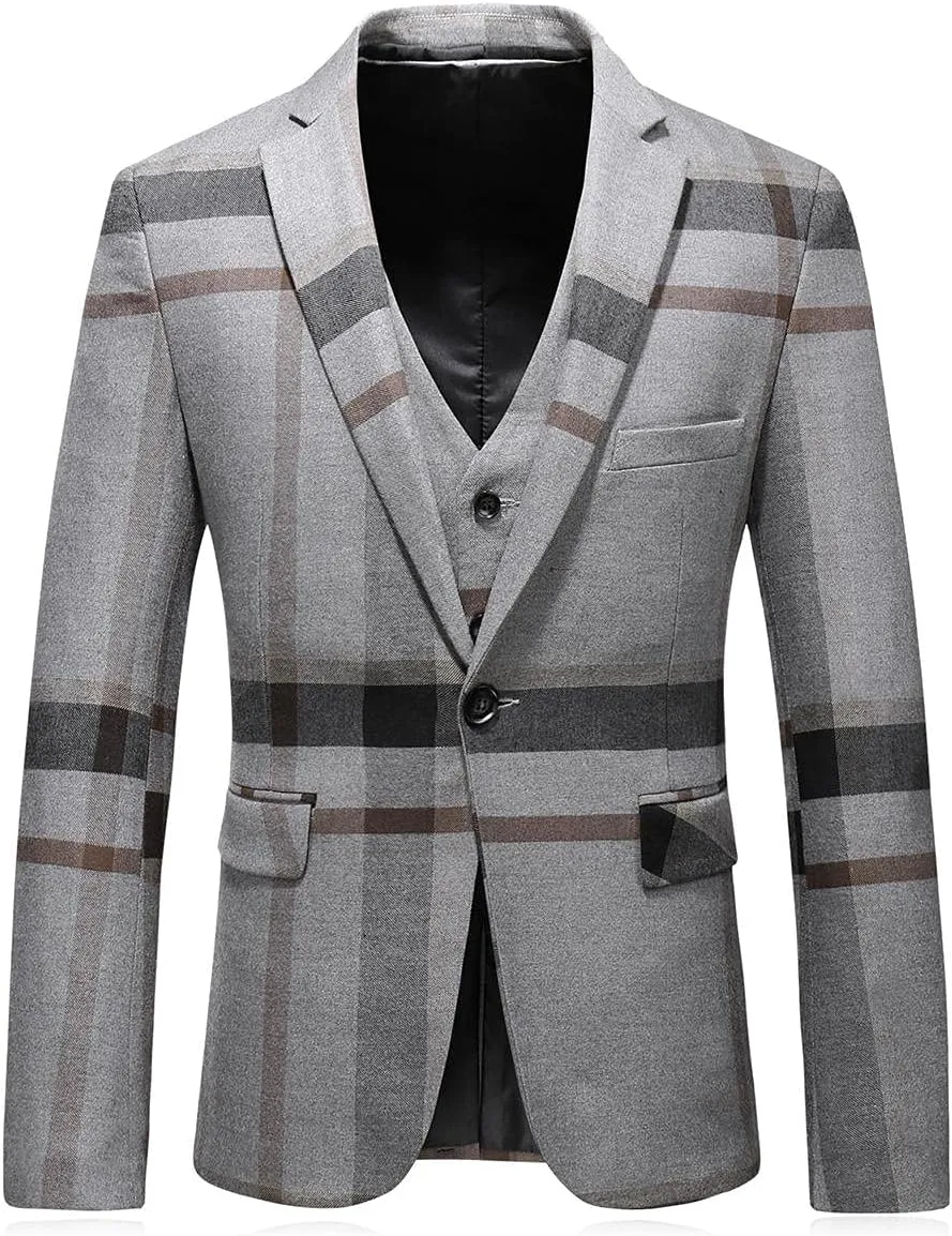 Mens Suits 3 Piece Check Plaid Suit Single Breasted One Button Jackets Formal Dress Party Prom Tuxedo Suits Blazer Set