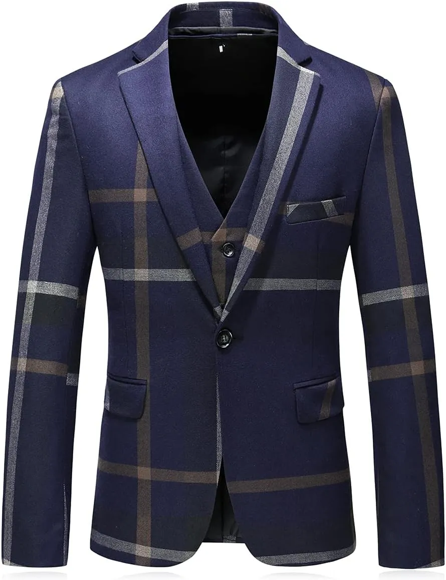 Mens Suits 3 Piece Check Plaid Suit Single Breasted One Button Jackets Formal Dress Party Prom Tuxedo Suits Blazer Set