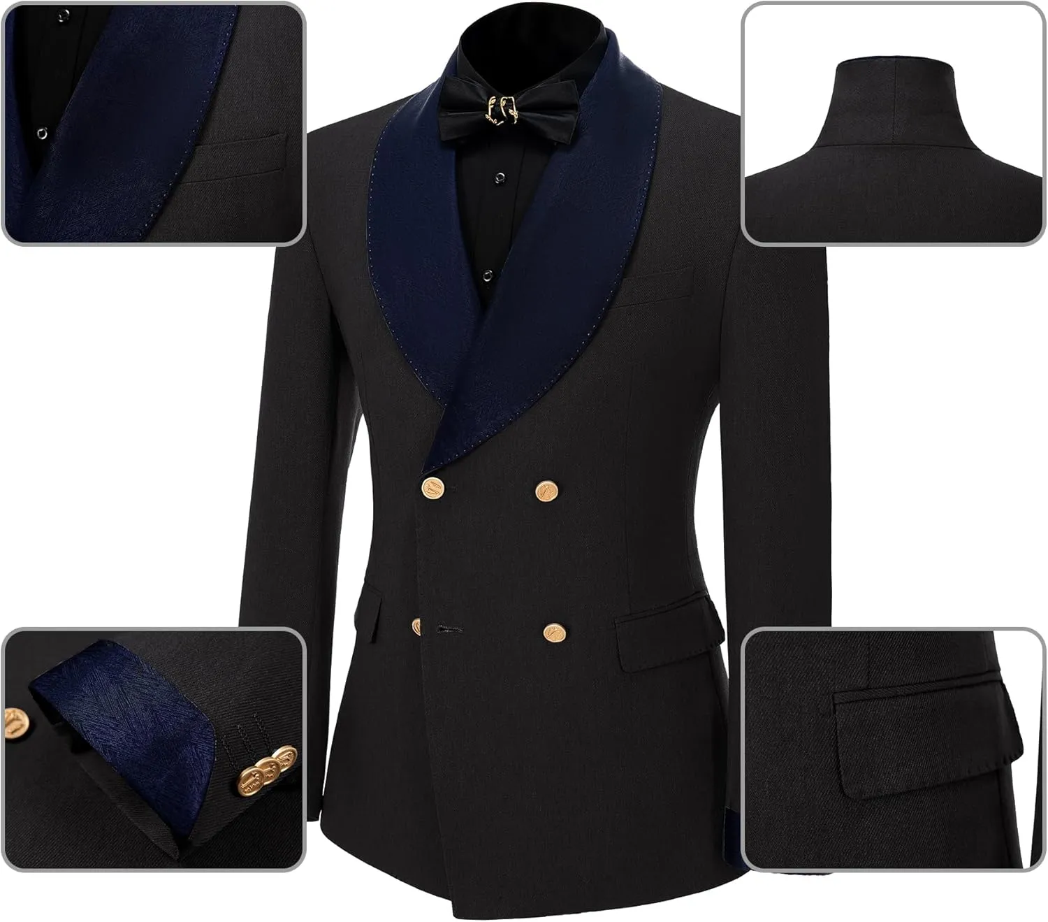 Mens Tuxedo Suits Slim Fit Double Breasted Wedding Suit for Men 2 Piece Navy Shawl Lapel Men's Formal Jacket Pants Set