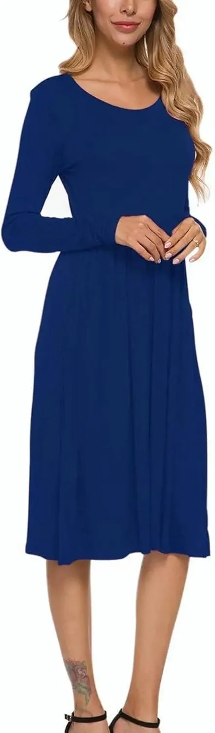 MISFAY Women's Long Sleeve Midi Dress Loose Casual Empire Waist Dresses with Pockets
