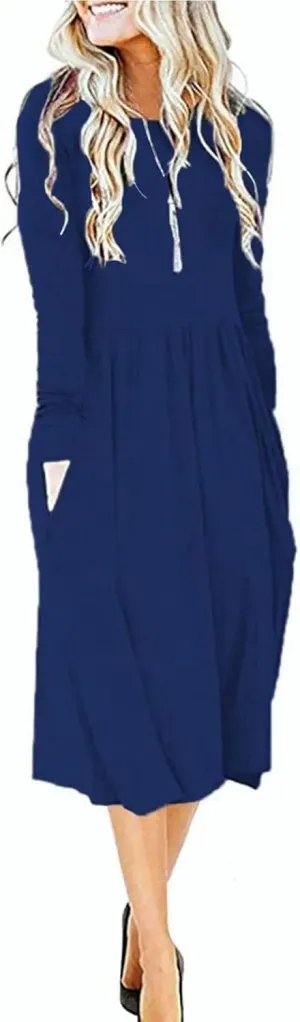 MISFAY Women's Long Sleeve Midi Dress Loose Casual Empire Waist Dresses with Pockets