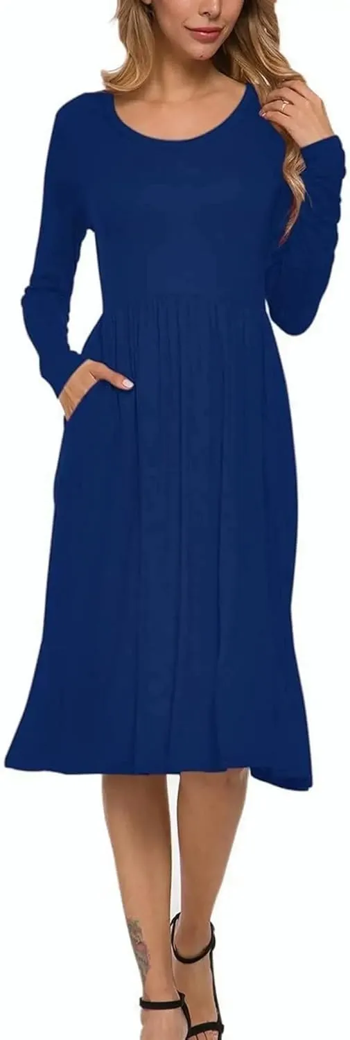 MISFAY Women's Long Sleeve Midi Dress Loose Casual Empire Waist Dresses with Pockets