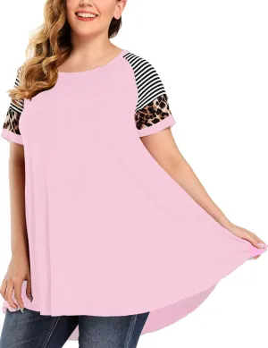 MONNURO Plus Size Tunics Leopard Print Tops For Women Casual Short Sleeve Striped Shirt Loose Fit