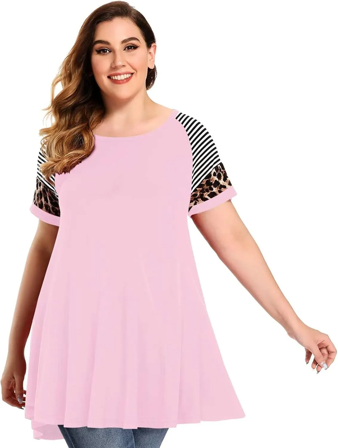MONNURO Plus Size Tunics Leopard Print Tops For Women Casual Short Sleeve Striped Shirt Loose Fit