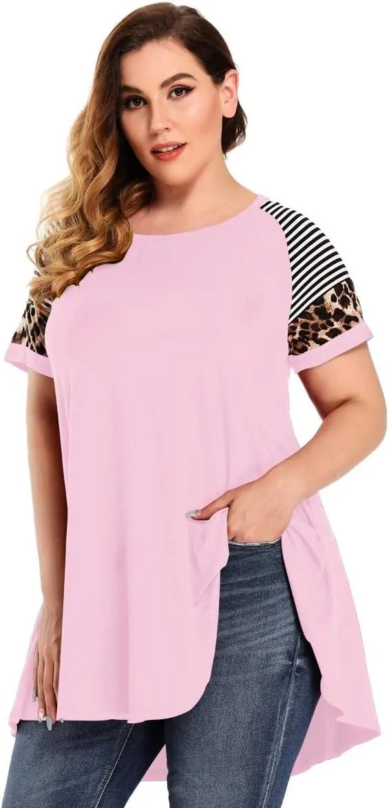 MONNURO Plus Size Tunics Leopard Print Tops For Women Casual Short Sleeve Striped Shirt Loose Fit