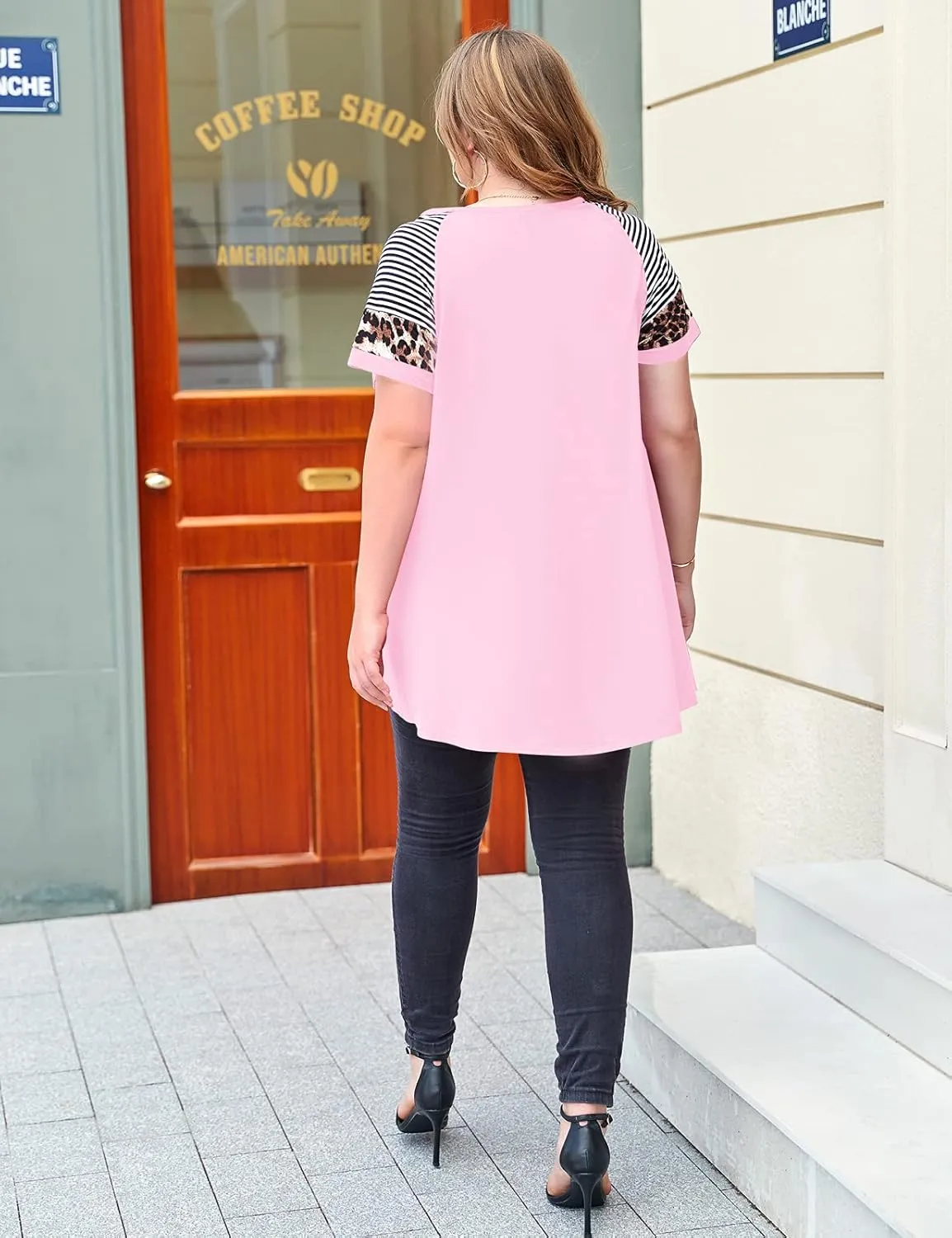 MONNURO Plus Size Tunics Leopard Print Tops For Women Casual Short Sleeve Striped Shirt Loose Fit