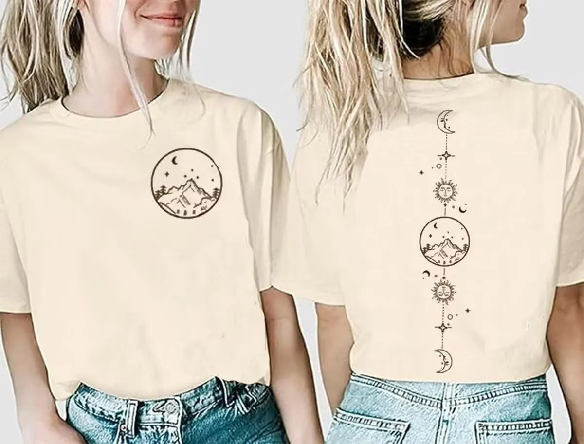 Moon and Sun Shirts for Women Vintage Graphic Tshirt Mountain Hiking Short Sleeve Tees Vacation Funny Shirt