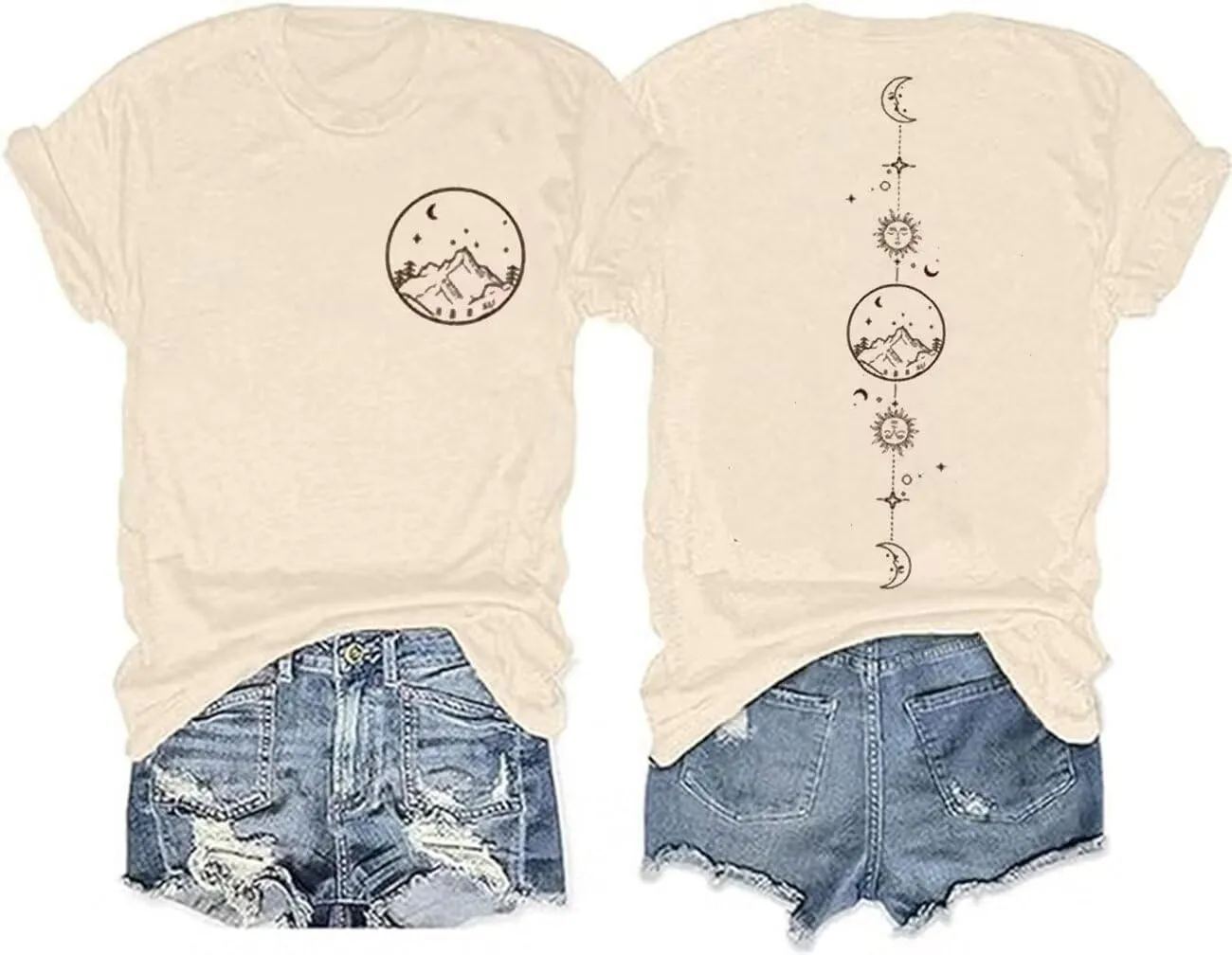 Moon and Sun Shirts for Women Vintage Graphic Tshirt Mountain Hiking Short Sleeve Tees Vacation Funny Shirt