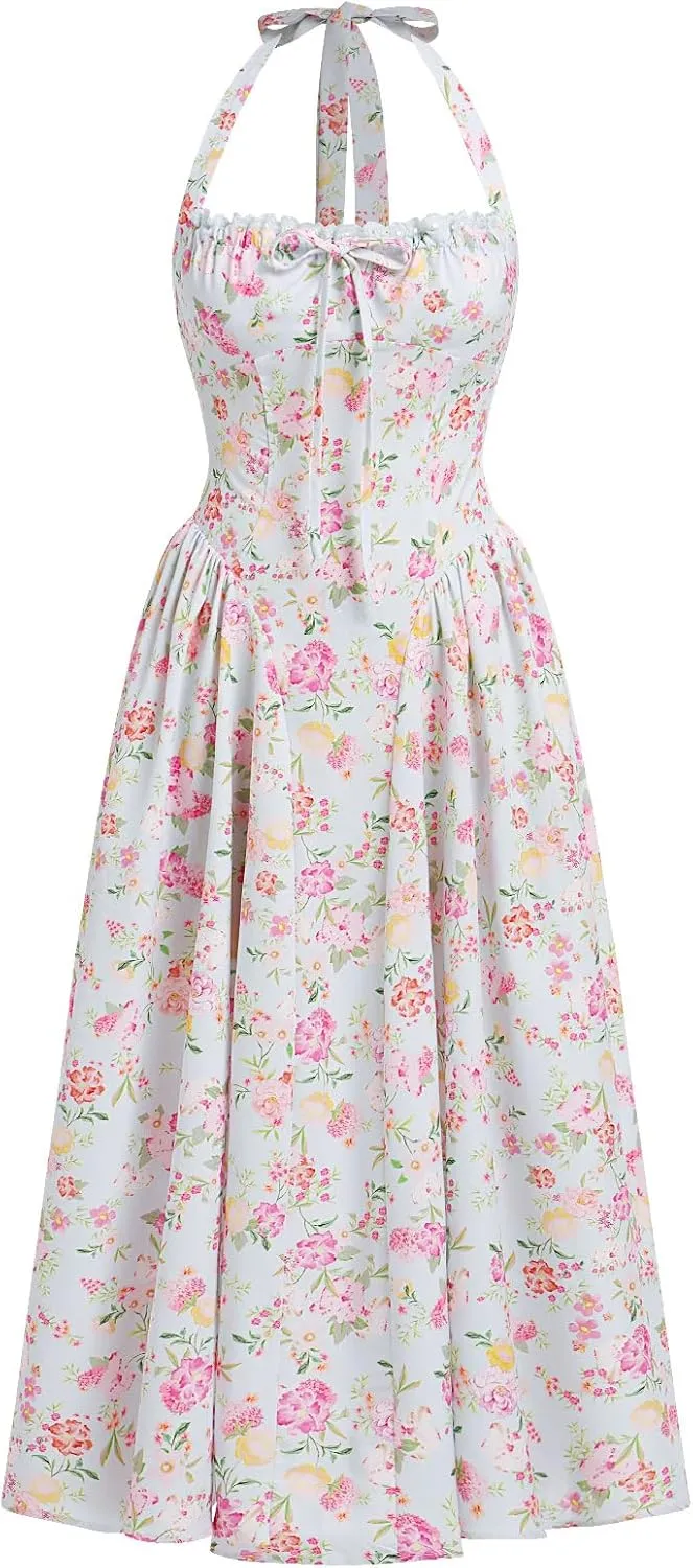 OBEEII Women Floral Corset Dress Halter Neck Low Cut Bustier Midi Dress Flowy Pleated Hem Summer Sundress with Pockets