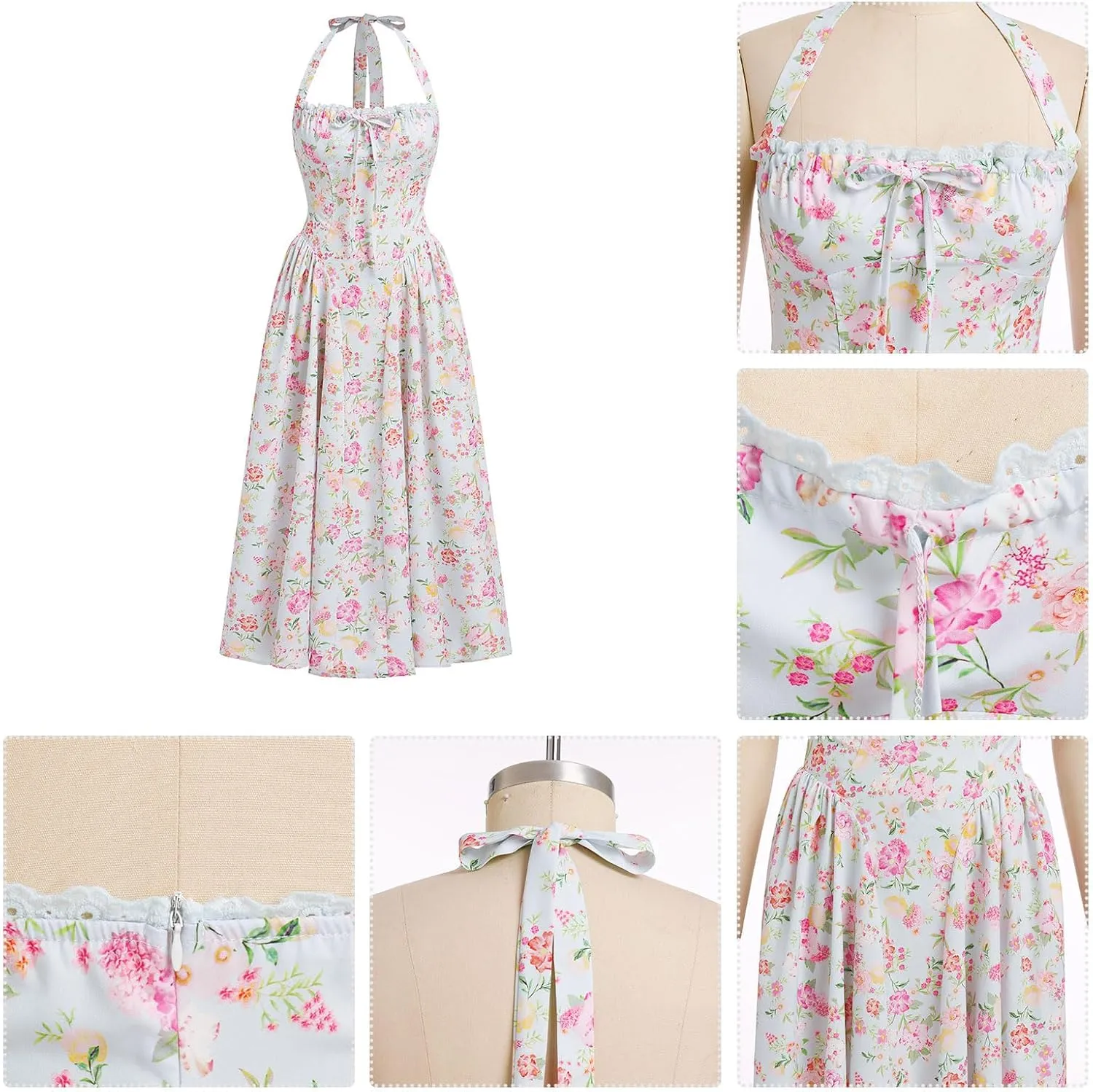 OBEEII Women Floral Corset Dress Halter Neck Low Cut Bustier Midi Dress Flowy Pleated Hem Summer Sundress with Pockets