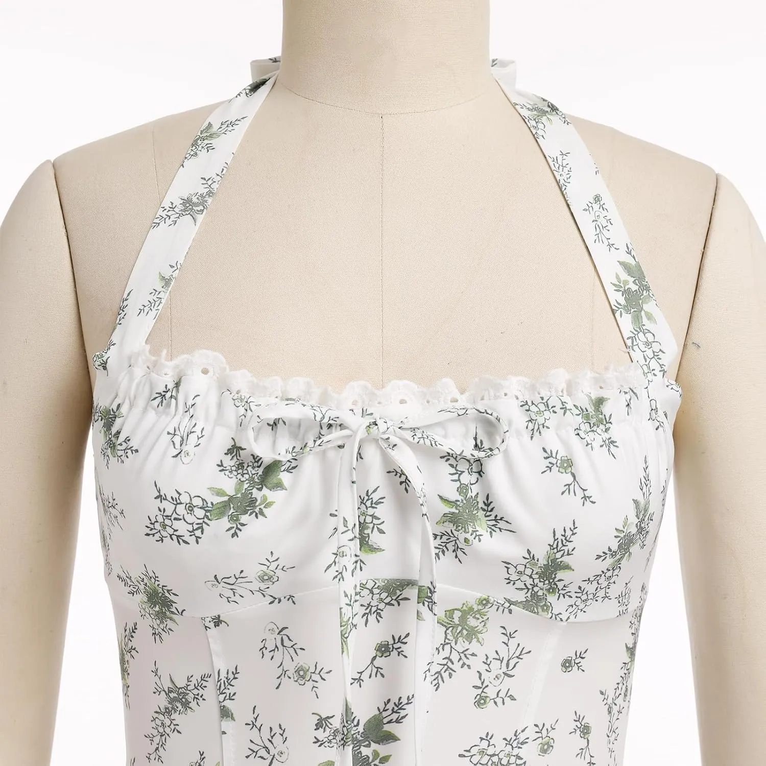 OBEEII Women Floral Corset Dress Halter Neck Low Cut Bustier Midi Dress Flowy Pleated Hem Summer Sundress with Pockets