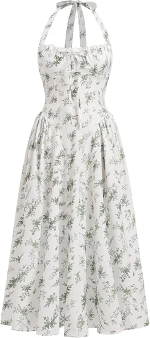 OBEEII Women Floral Corset Dress Halter Neck Low Cut Bustier Midi Dress Flowy Pleated Hem Summer Sundress with Pockets