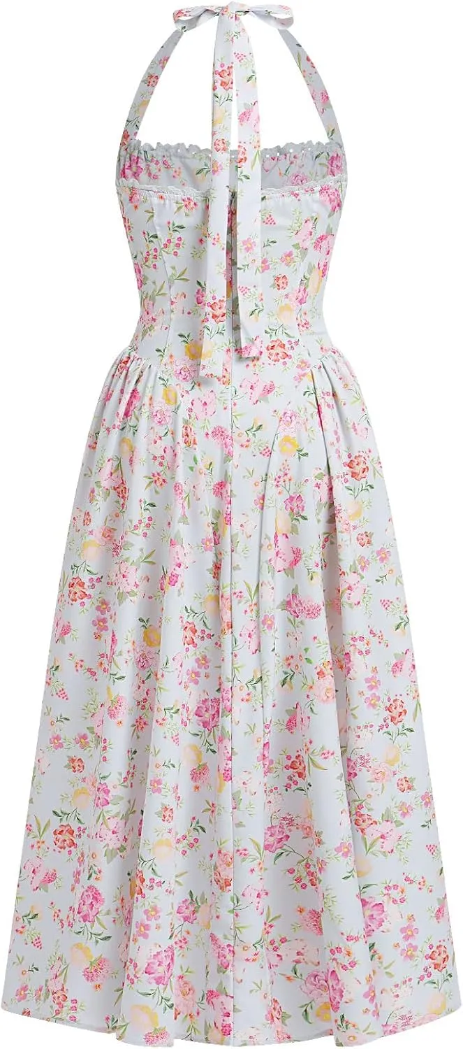 OBEEII Women Floral Corset Dress Halter Neck Low Cut Bustier Midi Dress Flowy Pleated Hem Summer Sundress with Pockets