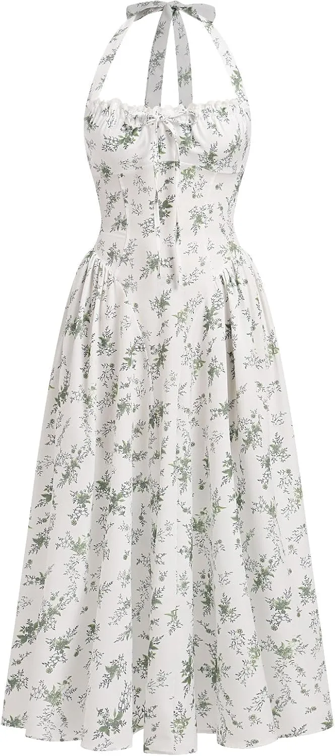 OBEEII Women Floral Corset Dress Halter Neck Low Cut Bustier Midi Dress Flowy Pleated Hem Summer Sundress with Pockets