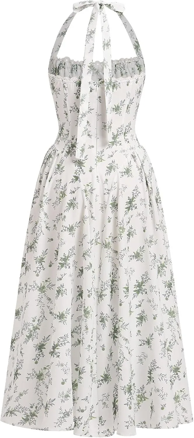 OBEEII Women Floral Corset Dress Halter Neck Low Cut Bustier Midi Dress Flowy Pleated Hem Summer Sundress with Pockets