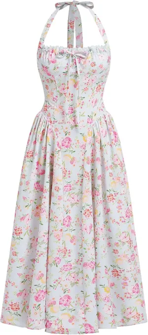 OBEEII Women Floral Corset Dress Halter Neck Low Cut Bustier Midi Dress Flowy Pleated Hem Summer Sundress with Pockets