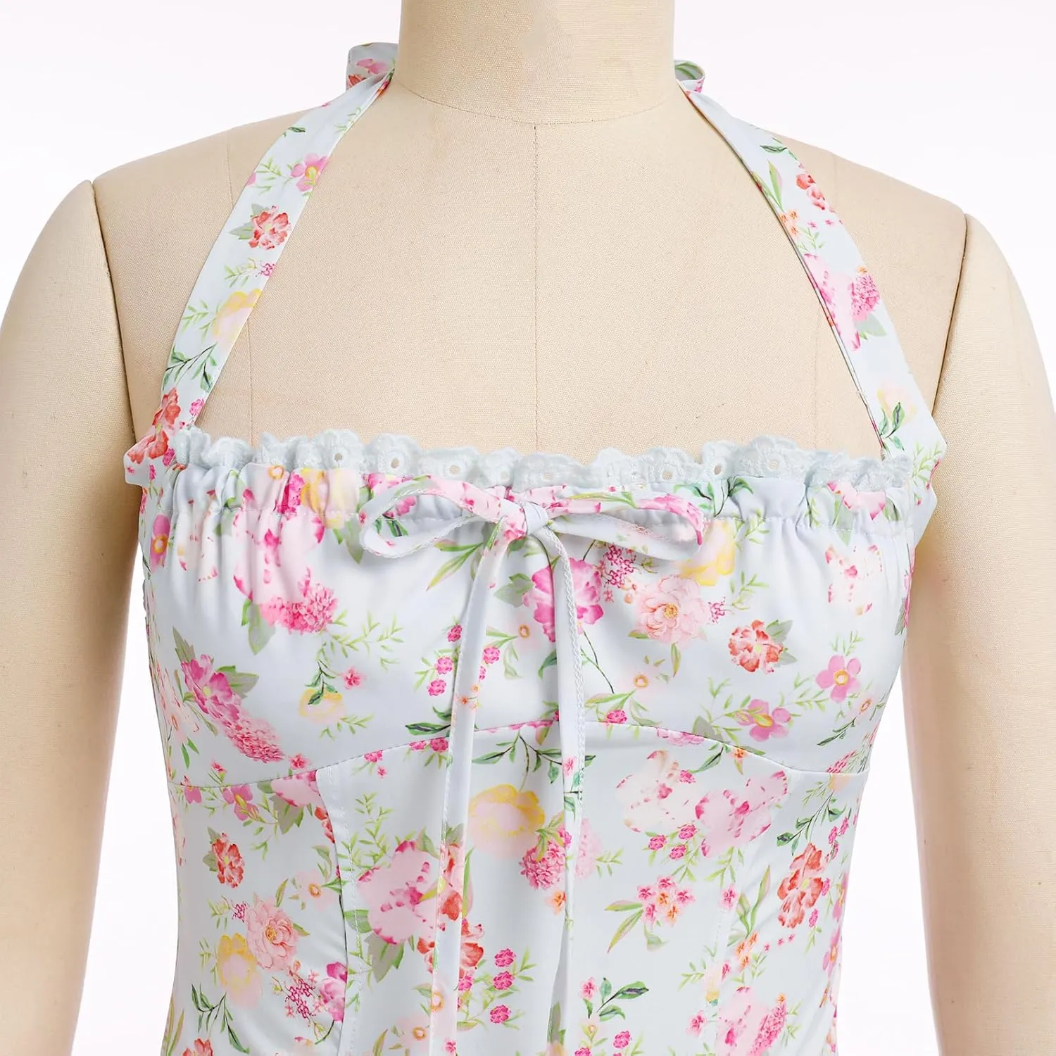 OBEEII Women Floral Corset Dress Halter Neck Low Cut Bustier Midi Dress Flowy Pleated Hem Summer Sundress with Pockets